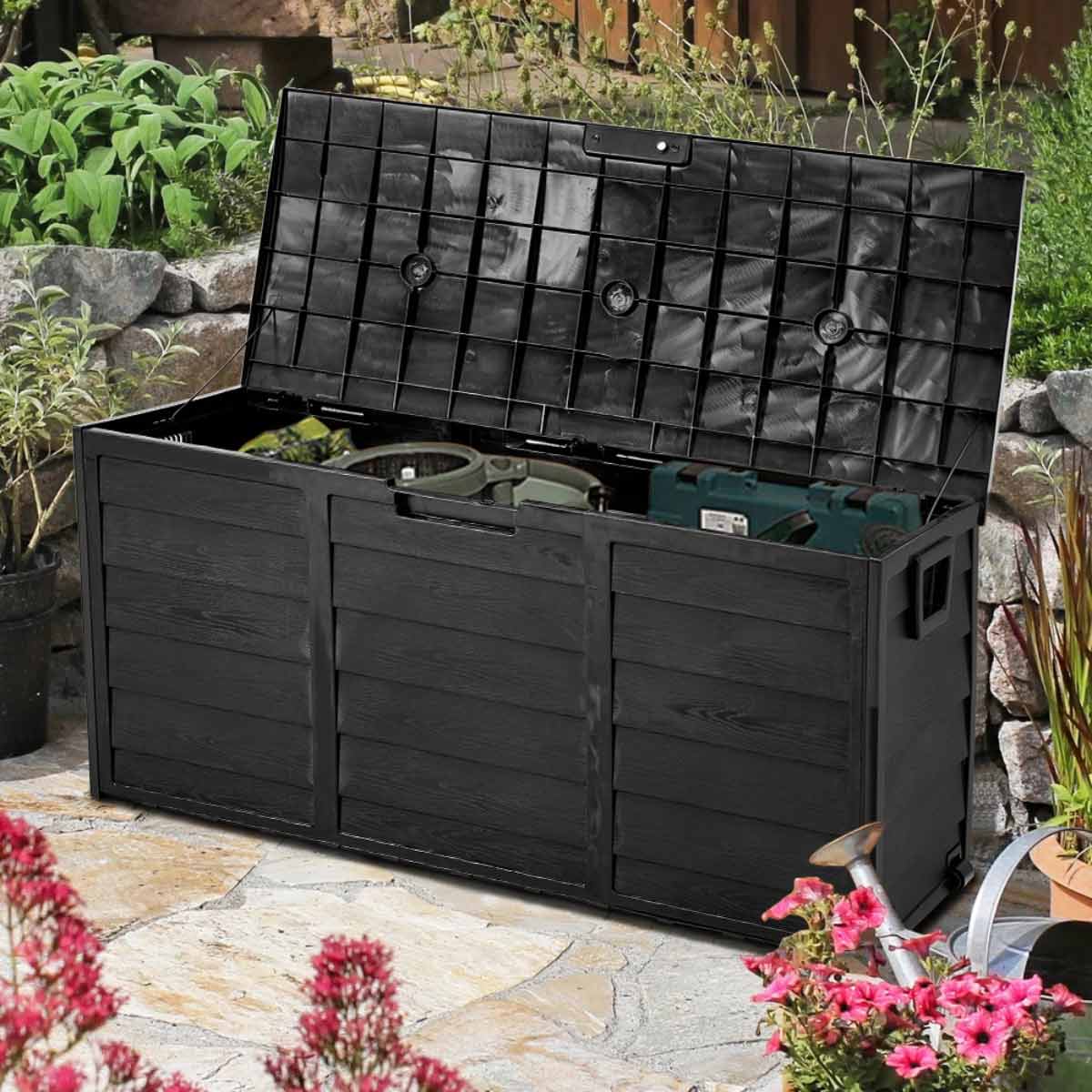 Garden Sanctuary 63 Gallons Black Weatherproof Pp Outdoor Storage Deck Box With Wheels - Image 3