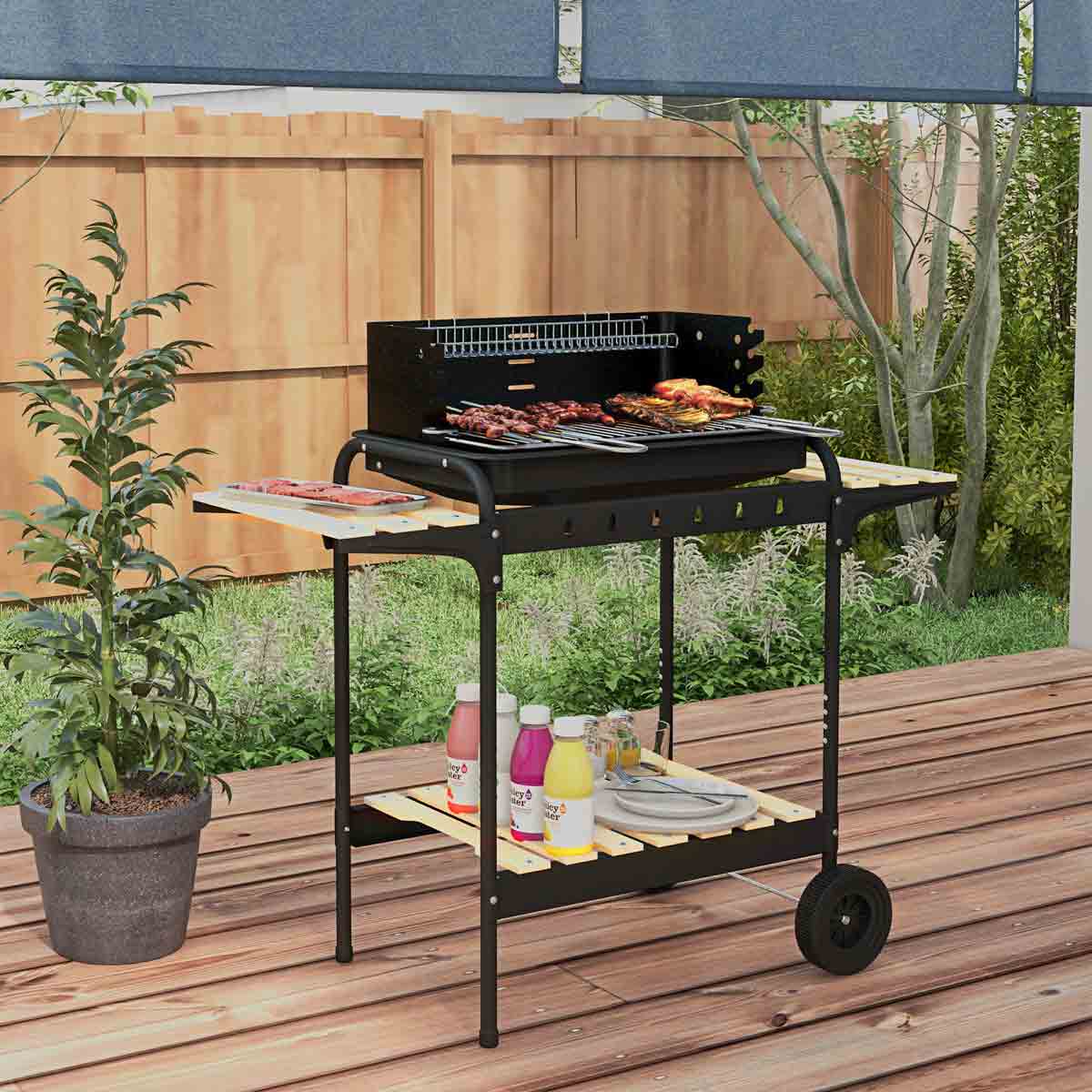 Outsunny Charcoal Barbecue BBQ Grill Trolley W/ 5-level Grill Height Ash Catcher - Image 3