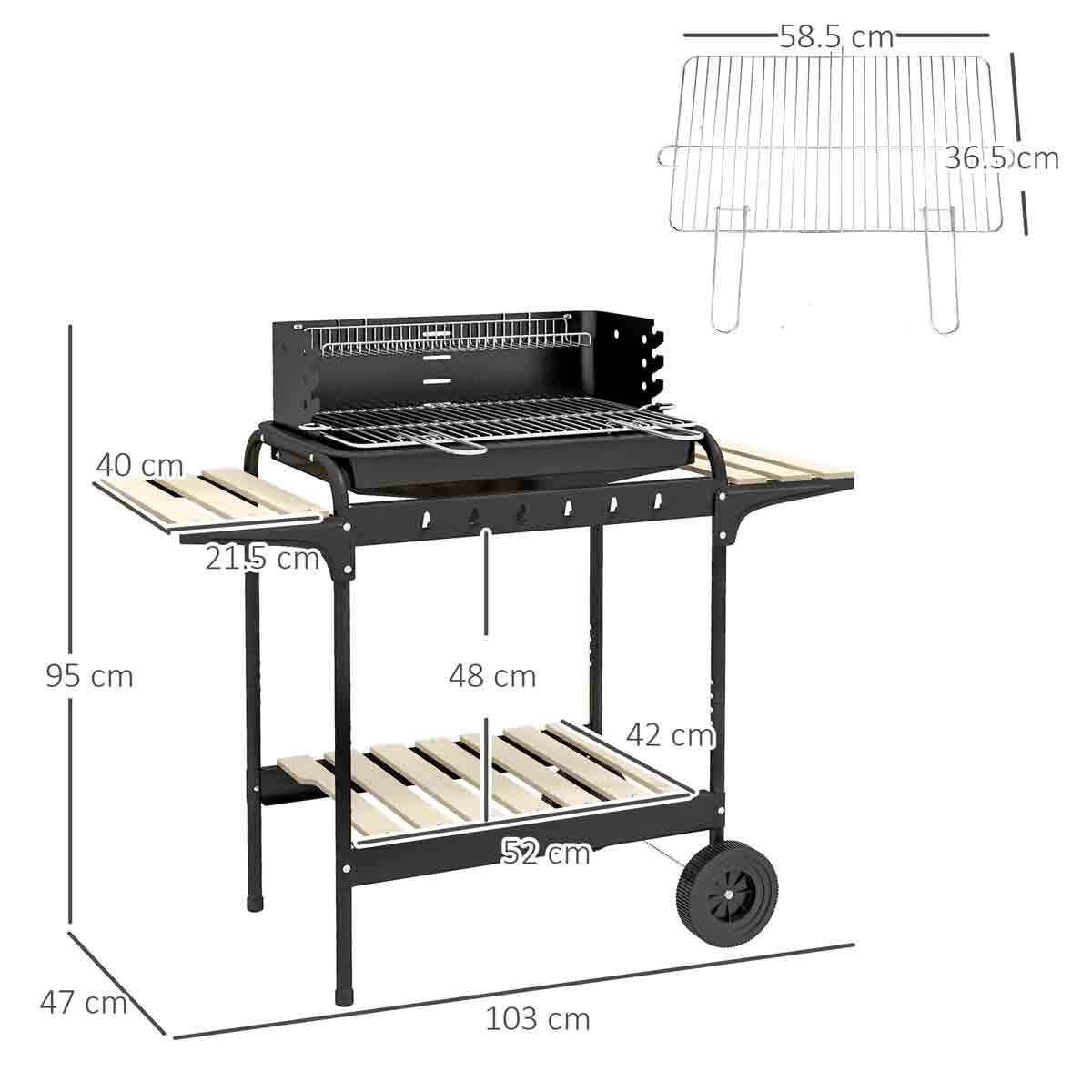 Outsunny Charcoal Barbecue BBQ Grill Trolley W/ 5-level Grill Height Ash Catcher - Image 4