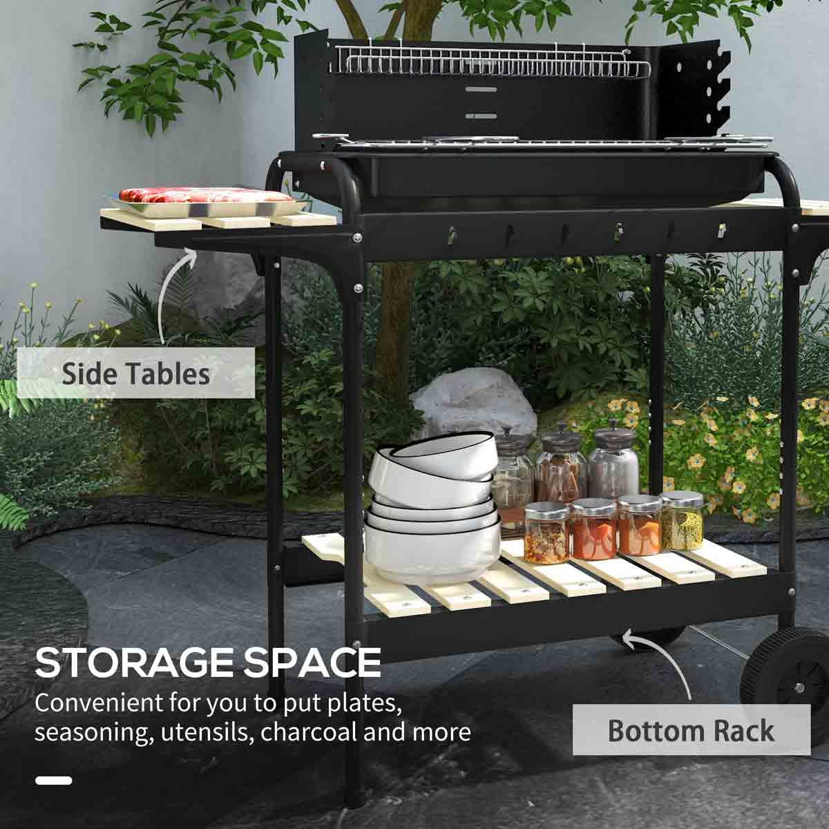 Outsunny Charcoal Barbecue BBQ Grill Trolley W/ 5-level Grill Height Ash Catcher - Image 7