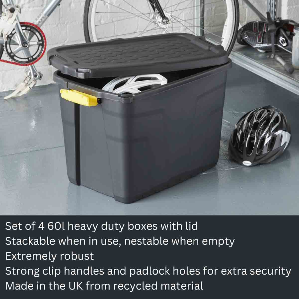 Strata Set of 4 60L Heavy Duty Box with Lid in Black/Yellow - Image 2