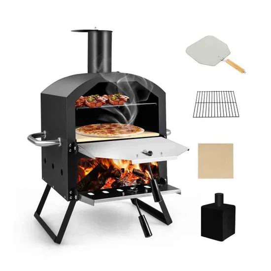 COSTWAY Outdoor Pizza Oven with Waterproof Cover and Anti-scalding Handles-Black - Image 3