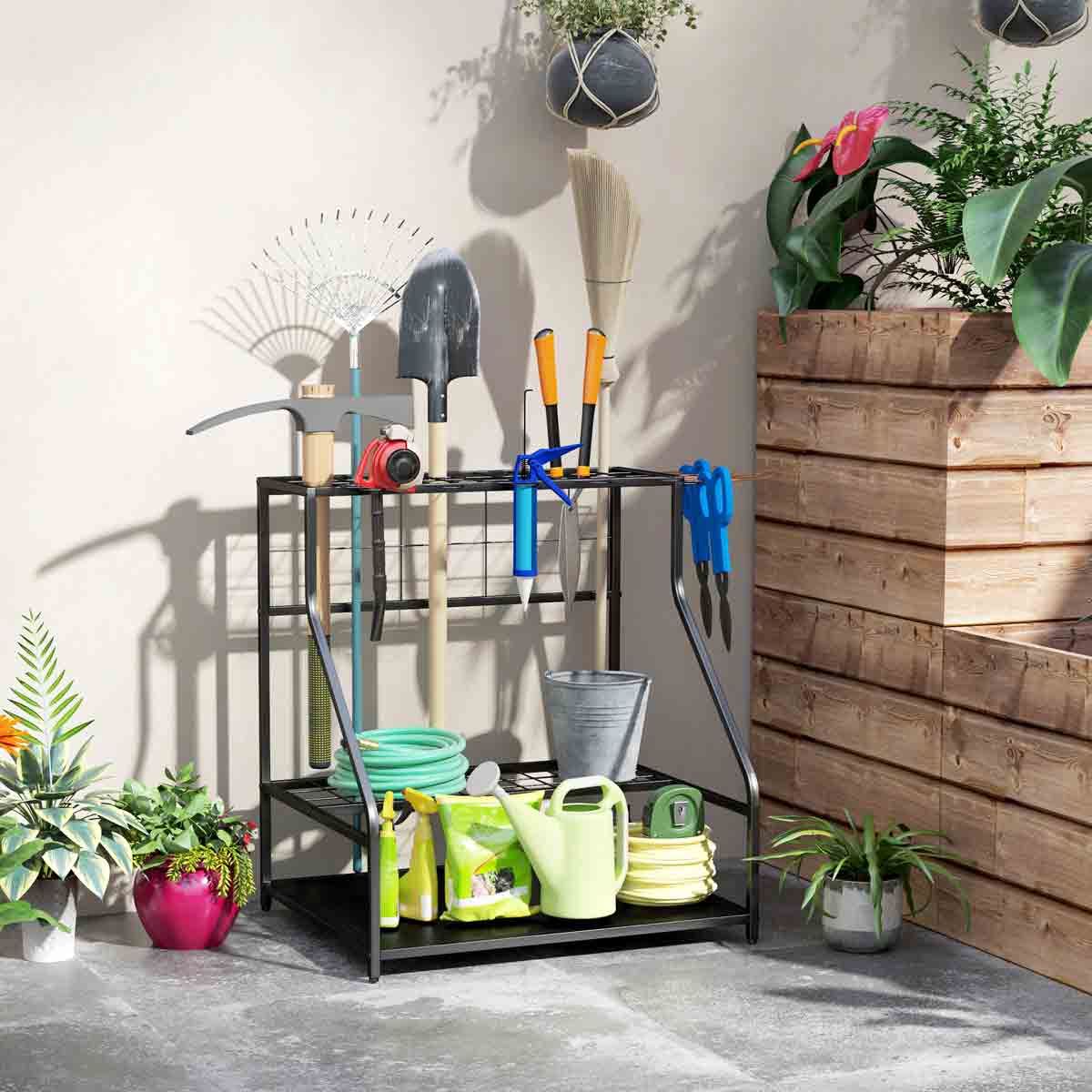 Outsunny Garden Tool Storage Rack, 3-Tier Garden Tool Rack with 11 Hooks - Image 2