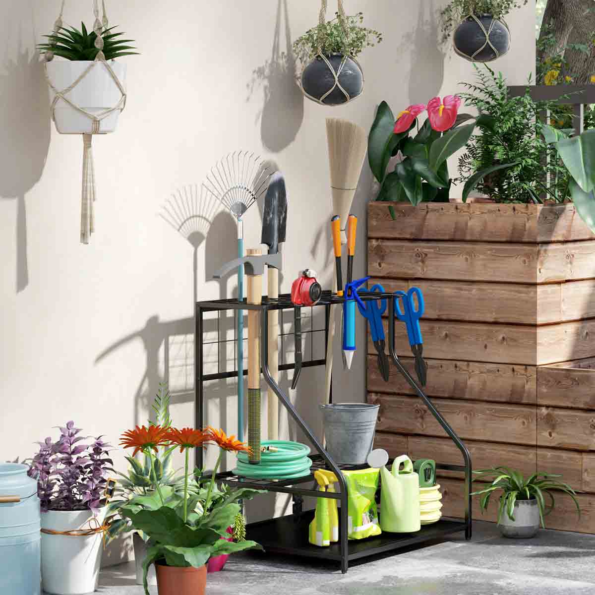 Outsunny Garden Tool Storage Rack, 3-Tier Garden Tool Rack with 11 Hooks - Image 8